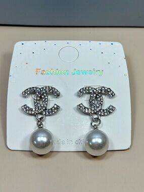 Clear Crystal Monogram -Style Silver Drop Pearl Earrings
